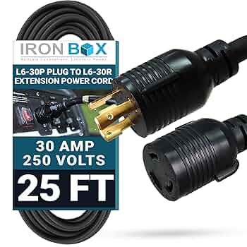 Amazon | 25フィート L6-30PからL6-30R 拡張電源ケーブル 30A